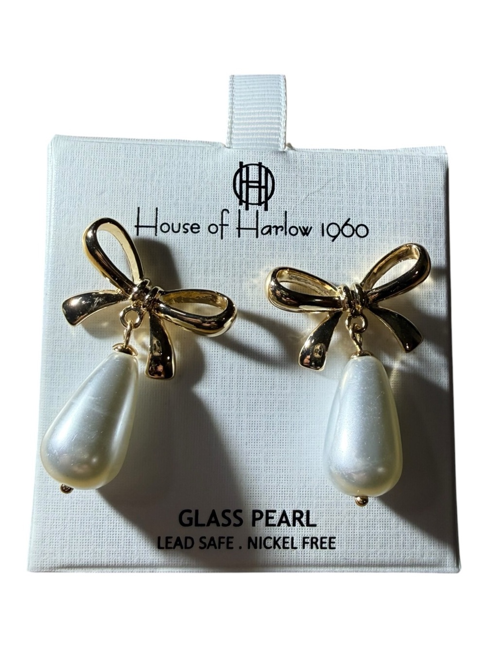 House of Harlow 1960 Bow Drop Earrings Gold Tone Glass Pearl NWT